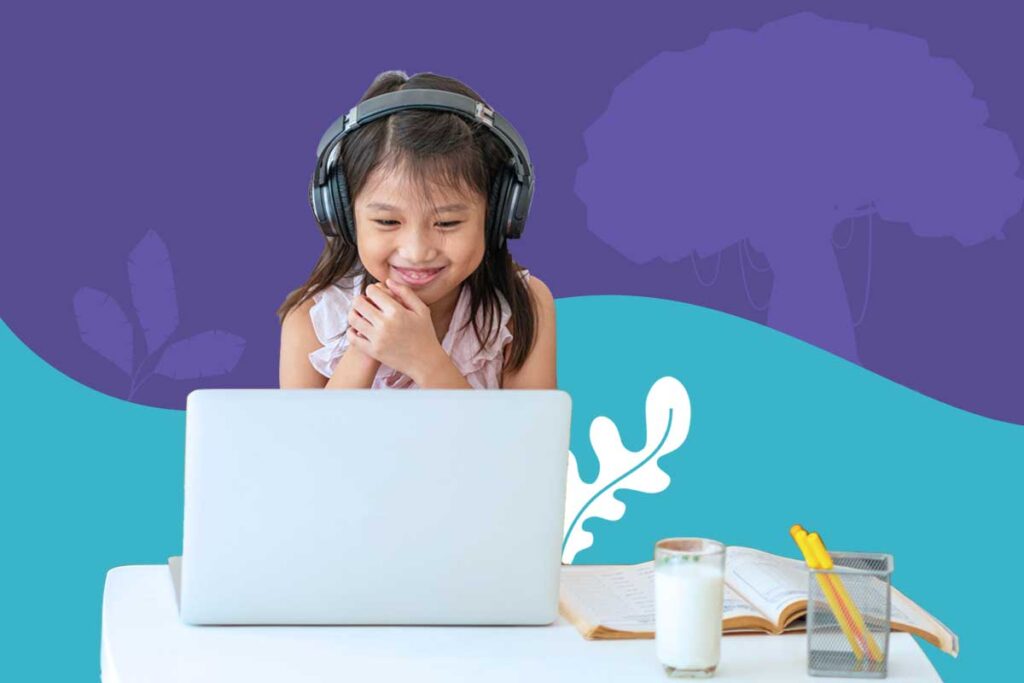 A student in Arizona attends a live virtual class at home with headphones and a laptop, learning through EDUPRIZE Online.